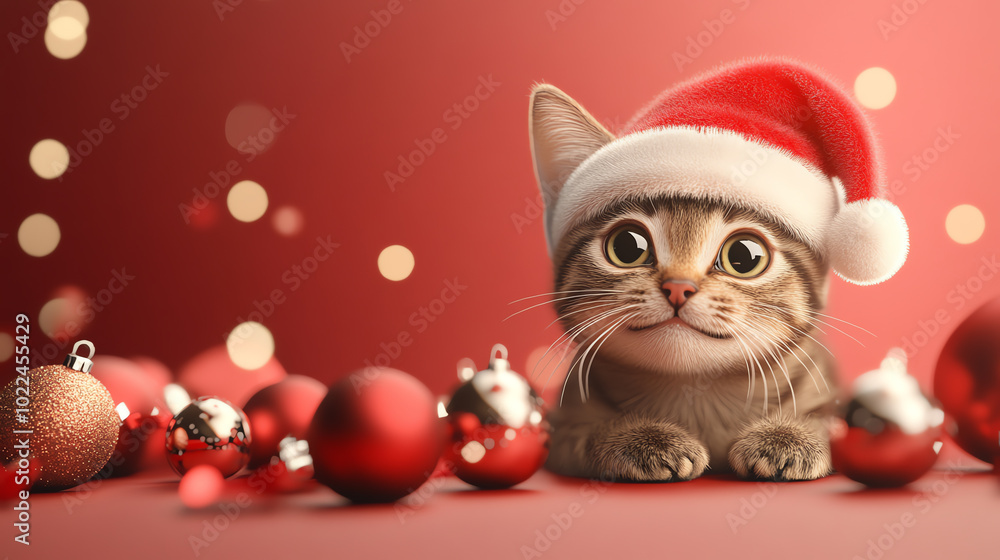 A cute kitten wearing a Santa hat surrounded by festive decorations, featuring red ornaments and a soft bokeh background, perfect for holiday themes. A cute kitten wearing a Santa hat surrounded by festive decorations, featuring red ornaments and a soft bokeh background, perfect for holiday themes.