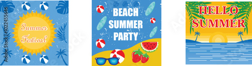Hello summer holidays with palm sketch. A sunny day beach summer party flyer. Hello Summer Beach Party Flyer. Set flat vector modern illustration