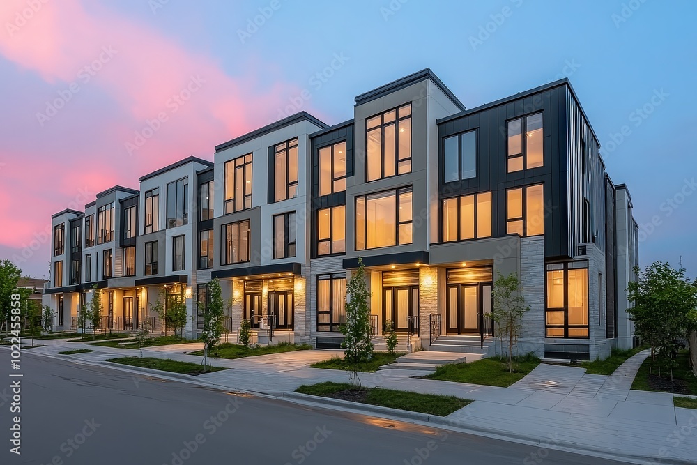 Modern townhouses with large windows at dusk Modern townhouses with large windows at dusk
