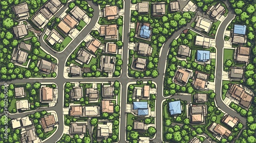Aerial view of a residential neighborhood with houses, streets, and trees.