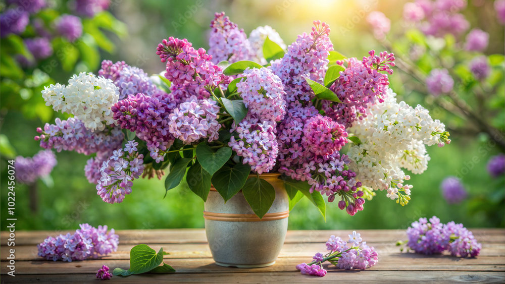 Vibrant lilac flowers bouquet in a rustic vase on a wooden table with a soft natural background Vibrant lilac flowers bouquet in a rustic vase on a wooden table with a soft natural background