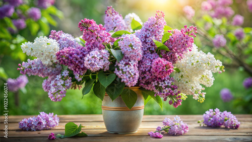 Vibrant lilac flowers bouquet in a rustic vase on a wooden table with a soft natural background