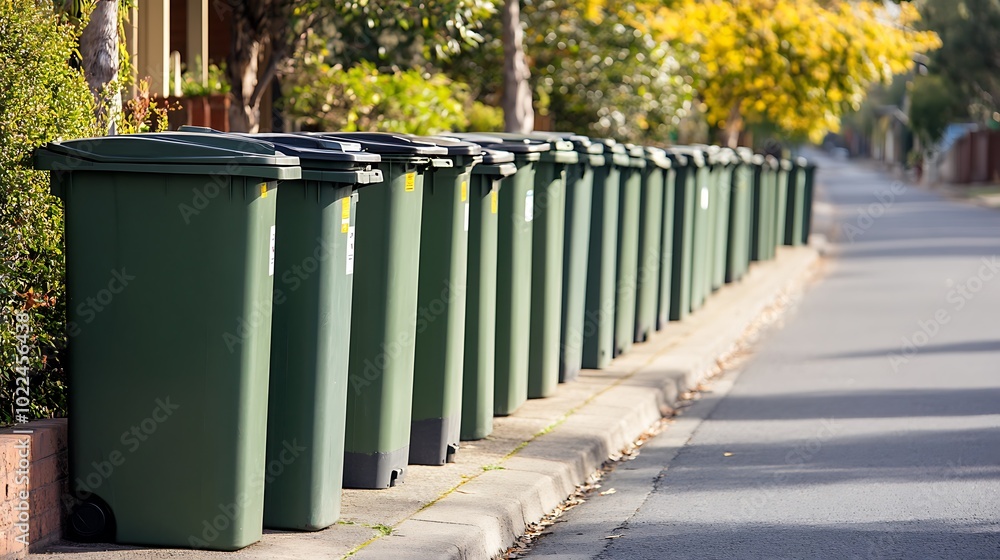Row of Green Recycling Bins on a Suburban Street Row of Green Recycling Bins on a Suburban Street