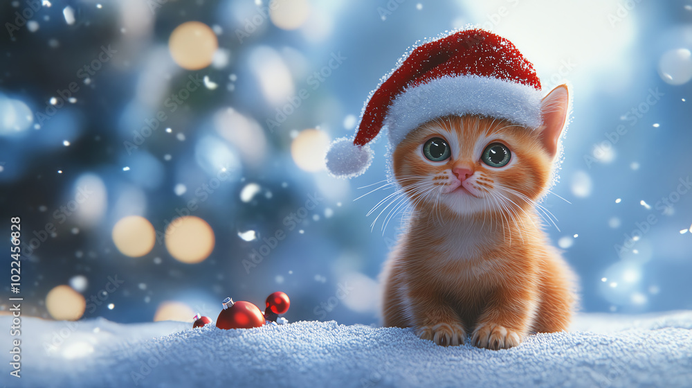 A cute orange kitten wearing a festive Santa hat, sitting in the snow with a soft bokeh background creating a magical winter atmosphere. A cute orange kitten wearing a festive Santa hat, sitting in the snow with a soft bokeh background creating a magical winter atmosphere.
