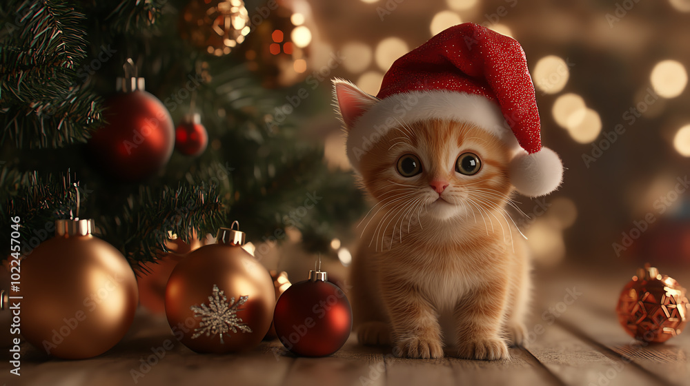 A cute orange kitten wearing a Santa hat, sitting beside Christmas ornaments, with a beautifully decorated tree in the background and warm festive lights. A cute orange kitten wearing a Santa hat, sitting beside Christmas ornaments, with a beautifully decorated tree in the background and warm festive lights.