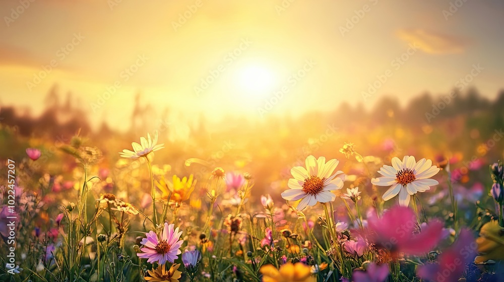 Obraz premium A Field of Wildflowers Illuminated by the Setting Sun