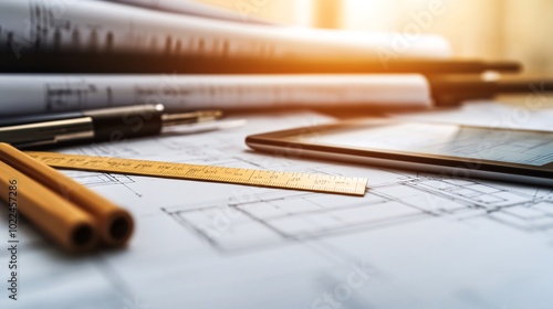 Close-up of architectural blueprints, a ruler, a pen, and a smartphone on a table with sunlight in the background.