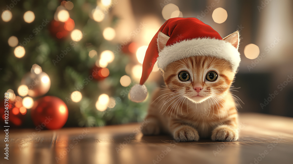 Adorable ginger kitten wearing a Santa hat, surrounded by festive decorations and soft bokeh effects, perfect for holiday-themed designs. Adorable ginger kitten wearing a Santa hat, surrounded by festive decorations and soft bokeh effects, perfect for holiday-themed designs.