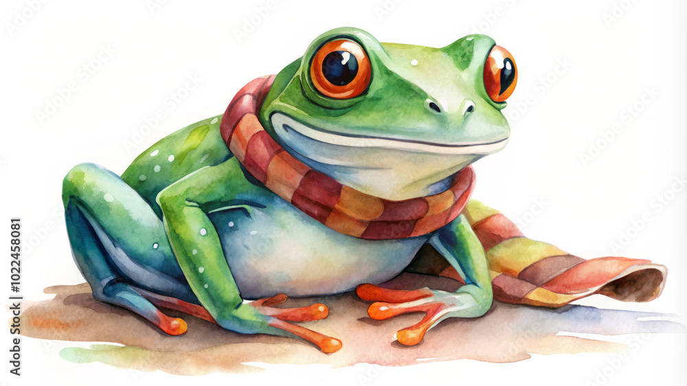 Obraz premium charming frog in watercolor style, wearing colorful scarf, sits contentedly. Its vibrant colors and playful expression evoke sense of joy and whimsy