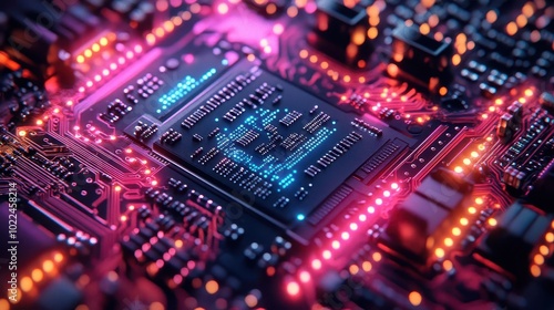 futuristic image of a computer circuit board with intricate patterns and neon colors illustrating the intersection of technology and creativity in the digital age