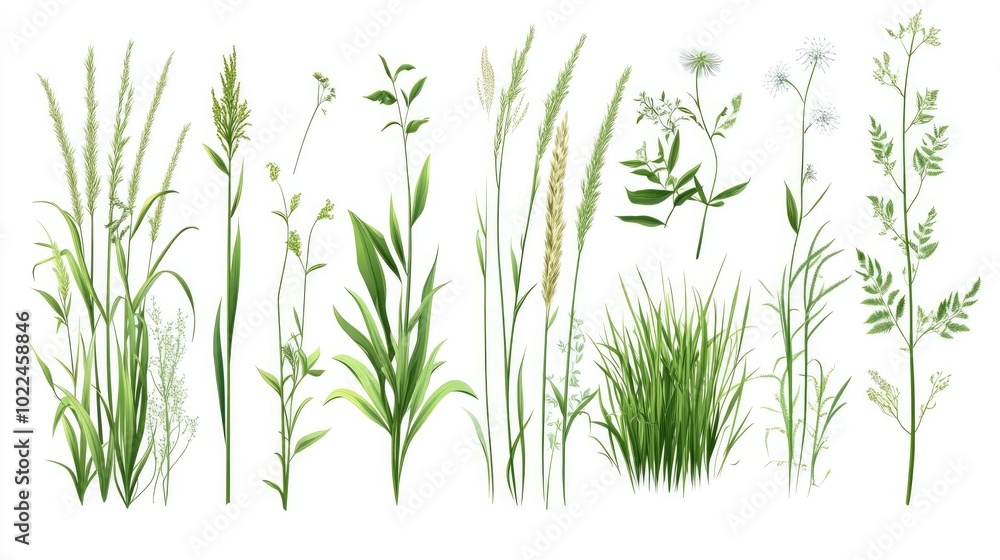 set green flower plants on white background set green flower plants on white background