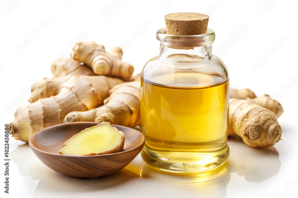 Herbal aromatic ginger with extract oil, over white background Herbal aromatic ginger with extract oil, over white background