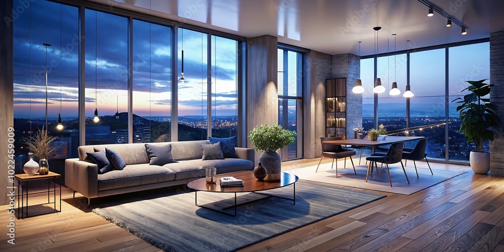 Scandinavian Empty Apartment Interior with Large Landscape Window - Nordic Minimalism Design Scandinavian Empty Apartment Interior with Large Landscape Window - Nordic Minimalism Design