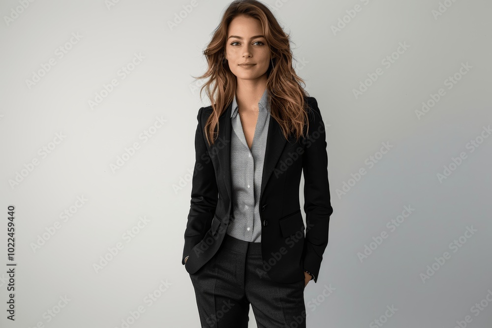 Portrait of Confident Businesswoman in Black Pants Suit with Hands in Pockets on White Background Smiling at Camera Full Height Studio Shot Portrait of Confident Businesswoman in Black Pants Suit with Hands in Pockets on White Background Smiling at Camera Full Height Studio Shot