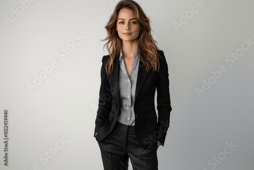 Portrait of Confident Businesswoman in Black Pants Suit with Hands in Pockets on White Background Smiling at Camera Full Height Studio Shot