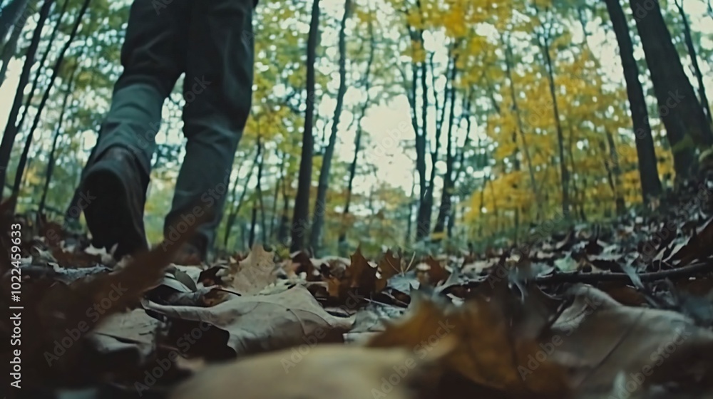 Low angle view of a person walking on a path covered in autumn leaves in a forest. Low angle view of a person walking on a path covered in autumn leaves in a forest.