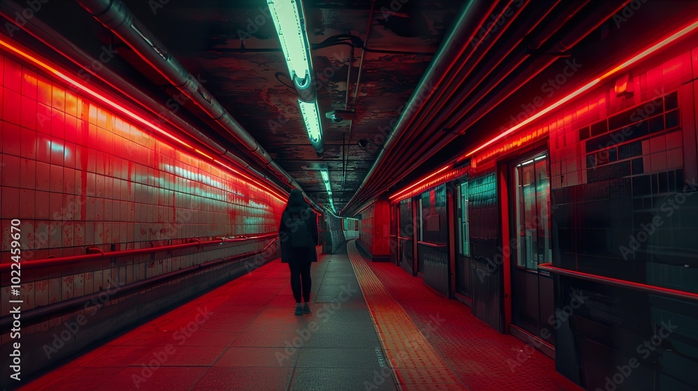 A lone figure walks through a red-lit subway tunnel A lone figure walks through a red-lit subway tunnel