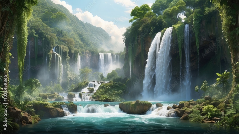 Fototapeta premium A cascading waterfall surrounded by a vibrant green jungle, with vines hanging from the trees and mist rising from the flowing