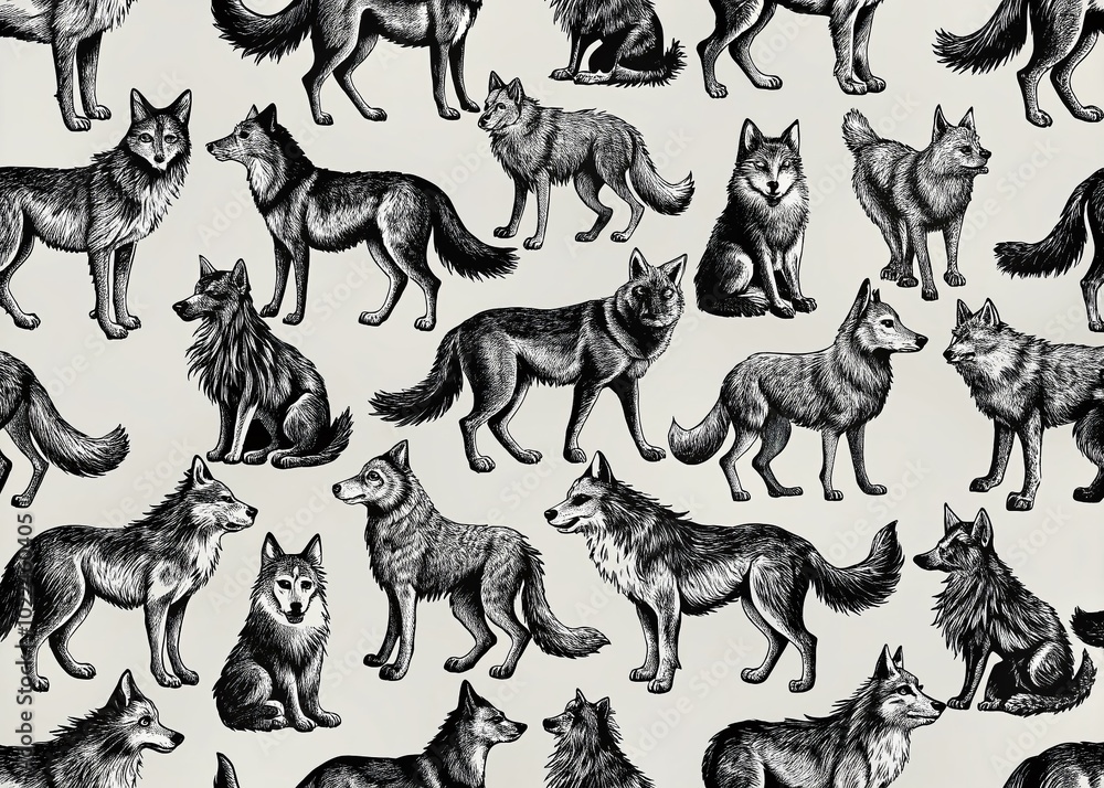 Seamless Monochrome Pattern of Wolves for Documentary Photography Use Seamless Monochrome Pattern of Wolves for Documentary Photography Use