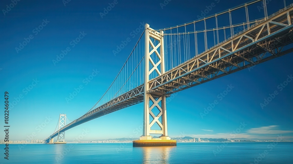 iconic bridge captured from a low angle against a clear blue sky showcasing architectural beauty and engineering marvel in a vibrant urban landscape iconic bridge captured from a low angle against a clear blue sky showcasing architectural beauty and engineering marvel in a vibrant urban landscape