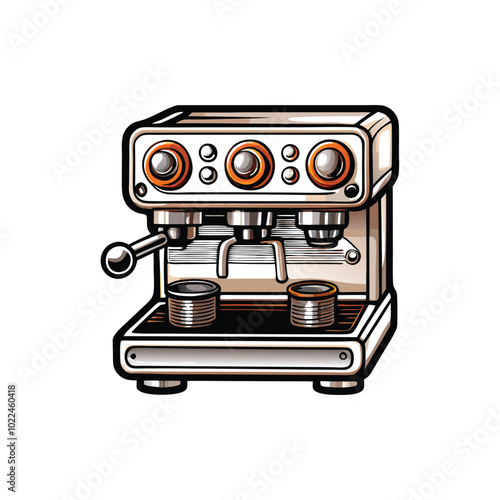 A cartoon illustration of a dual boiler espresso machine with polished chrome accents.