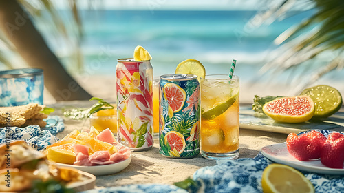 Stylish Beach Picnic with Canned Cocktails and Plant-Based Snacks - Trendy RTD Beverages in Outdoor Setting