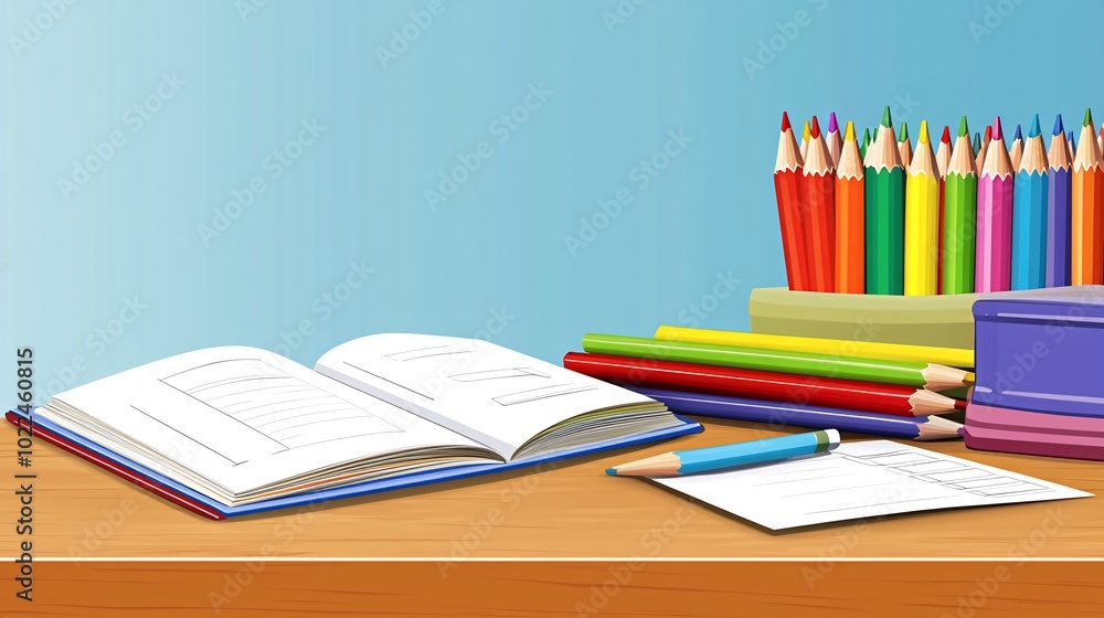 Open book, colored pencils, and blank paper on wooden table. Open book, colored pencils, and blank paper on wooden table.