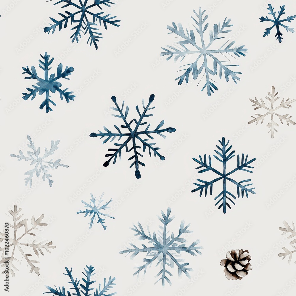 Fototapeta premium Watercolor snowflakes and pinecones on a textured background.