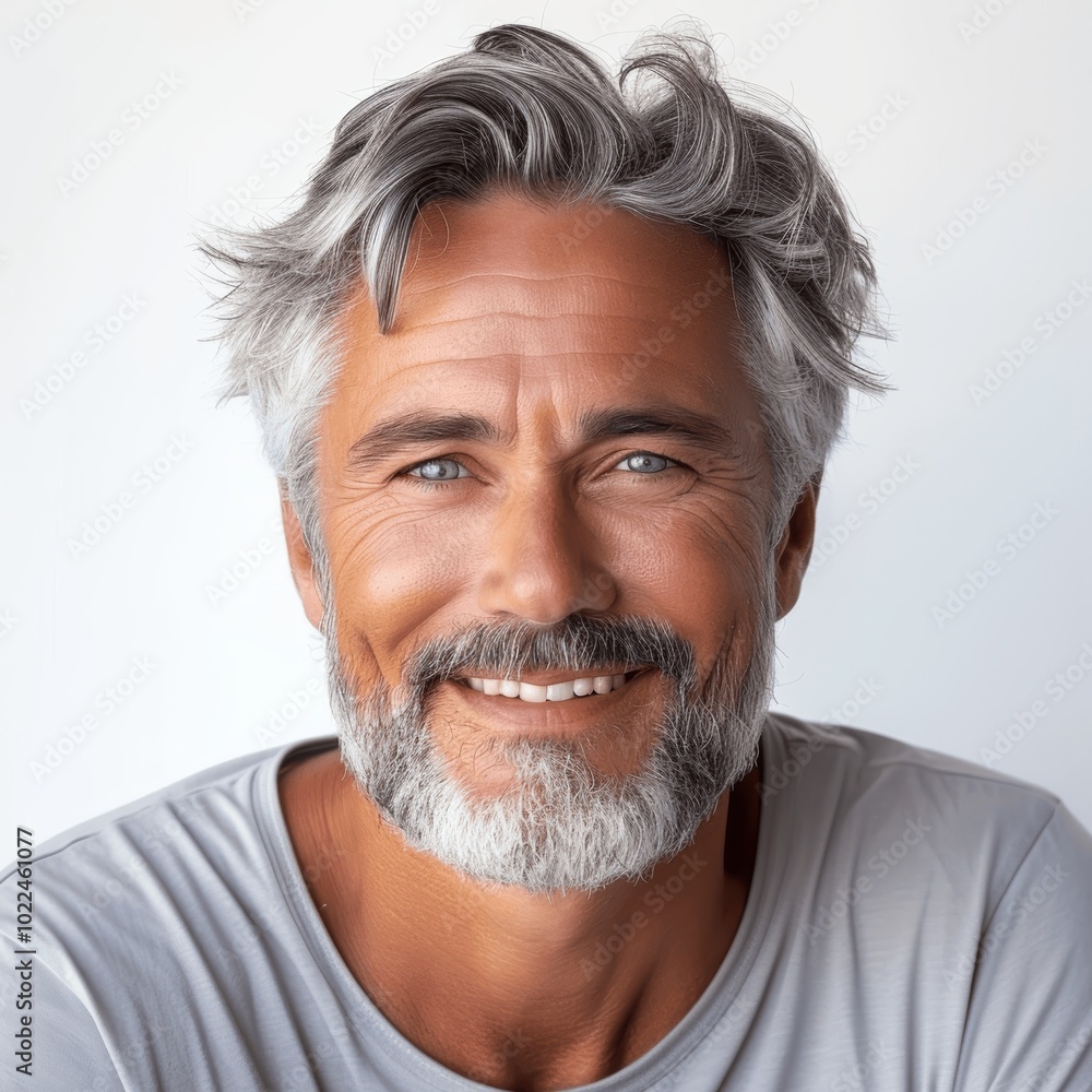 Closeup Portrait of Handsome Smiling Senior Man with Grey Hair and Beard Isolated on White Background for Dental Ad Closeup Portrait of Handsome Smiling Senior Man with Grey Hair and Beard Isolated on White Background for Dental Ad