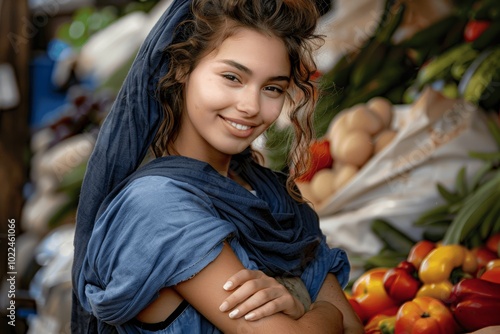 Smiling young female grocery store worker with arms crossed looking happy