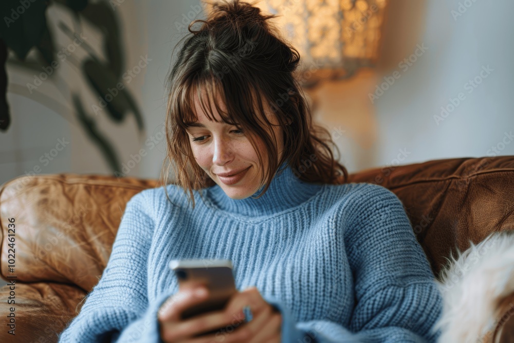 Young Positive Woman in Blue Sweater Using Smartphone at Home Young Positive Woman in Blue Sweater Using Smartphone at Home