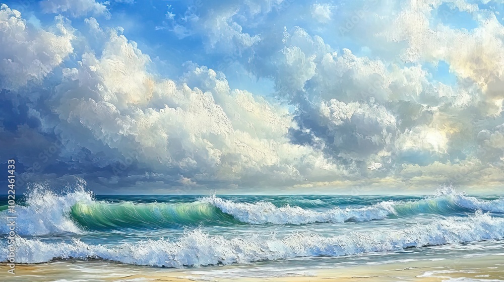 Fototapeta premium A Seascape of Blue Skies and Crashing Waves