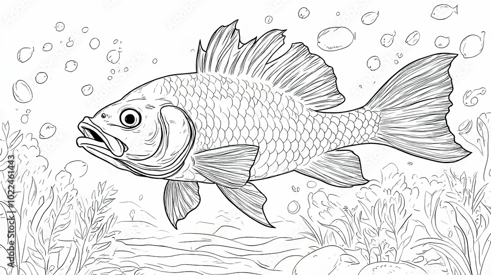A Detailed Line Drawing of a Fish Swimming in Water with Bubbles and Aquatic Plants A Detailed Line Drawing of a Fish Swimming in Water with Bubbles and Aquatic Plants
