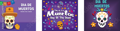 Day of the Dead Banner. Inscription Day of the Dead in Spanish. Dia de los muertos poster. Set flat vector modern illustration