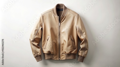 This isolated beige bomber jacket set on a white background emphasizes its trendy look, ideal for capturing attention in fashion apparel photography.