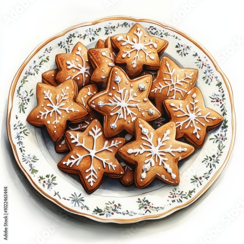 Plate of Festive Gingerbread Cookies with Holiday Decorations on White Background