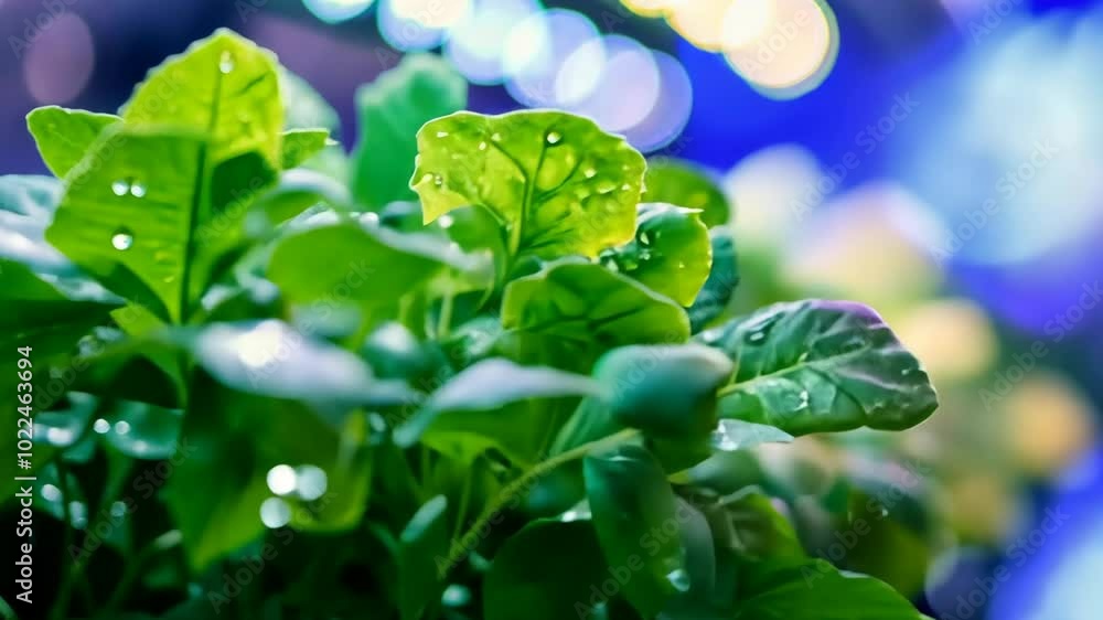 Close-up of vibrant green leaves with water droplets, illuminated by soft light Close-up of vibrant green leaves with water droplets, illuminated by soft light