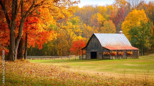 a picturesque autumn landscape, featuring vibrant fall foliage and a rustic barn decorated for Thanksgiving.