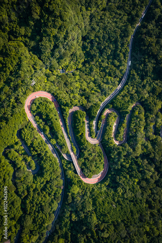 Aerial view of a winding mountain road in Fuji-Hakone Izu National Park, Japan photo