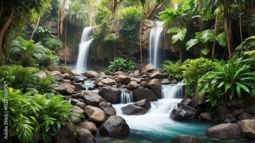  A tranquil waterfall gently flowing over smooth stones, surrounded by dense tropical plants and vibrant green leaves, creating