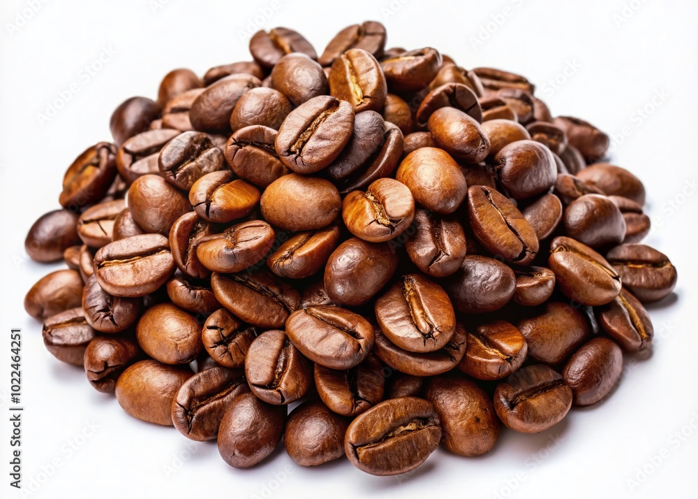 Small Pile of Roasted Coffee Beans Isolated on White Background for Coffee Lovers and Enthusiasts Small Pile of Roasted Coffee Beans Isolated on White Background for Coffee Lovers and Enthusiasts