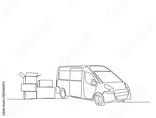 Continuous one line drawing of cargo van with cardboard boxes. Simple van truck line art vector illustration. Editable vector.