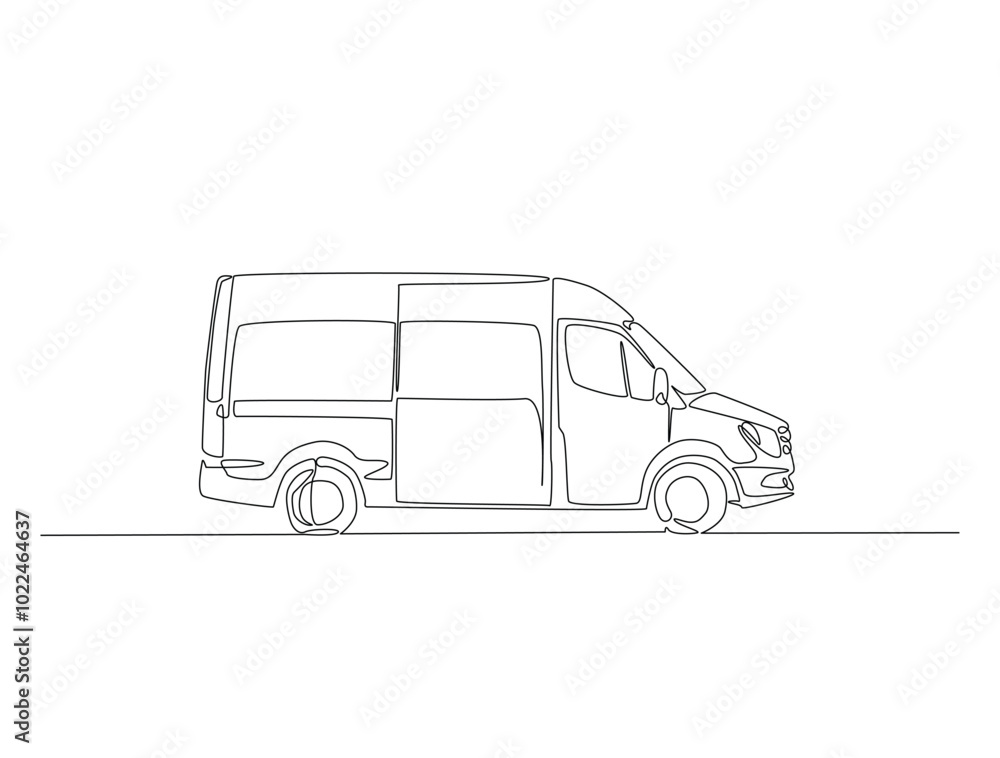 Continuous one line drawing of cargo delivary van. Simple van truck line art vector illustration. Editable vector. Continuous one line drawing of cargo delivary van. Simple van truck line art vector illustration. Editable vector.