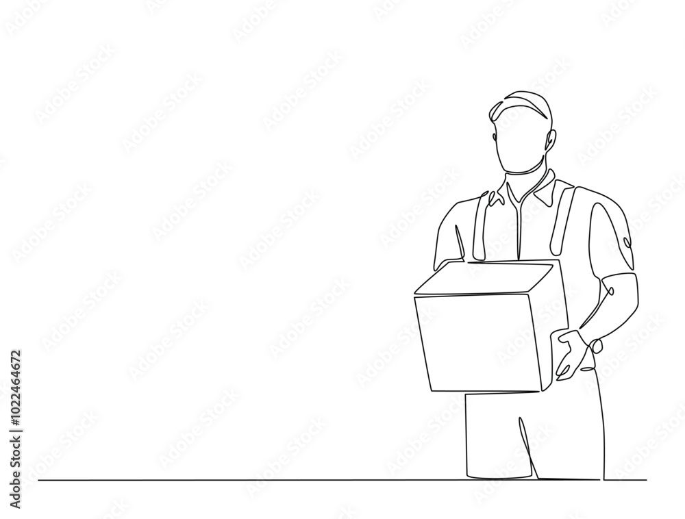 Continuous one line drawing of delivery courier man carries cardboard box package. Transport company, Moving service, Service delivery line art vector illustration. Editable vector. Continuous one line drawing of delivery courier man carries cardboard box package. Transport company, Moving service, Service delivery line art vector illustration. Editable vector.