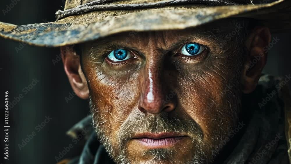 A weathered man with piercing blue eyes stares intensely into the camera, his worn cowboy hat casting a shadow over his face A weathered man with piercing blue eyes stares intensely into the camera, his worn cowboy hat casting a shadow over his face