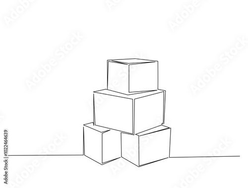 Continuous one line drawing of cardboard boxes. Simple Stack of cardboard boxes line art vector illustration. Editable vector.