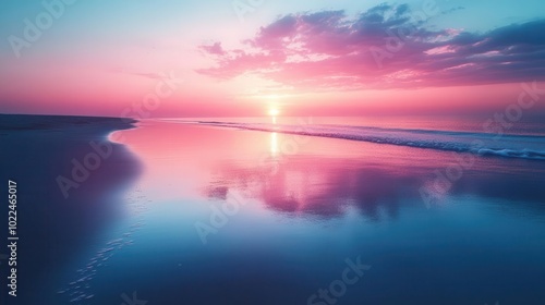 silhouette of a tranquil beach at sunset with soft hues of orange pink and purple reflecting on the water a peaceful atmosphere evoking calmness and serenity