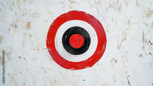 Obraz na płótnie Bullseye Target on Weathered Wall, Red and White Concentric Circles, Graphic Symbol on Textured Background, Urban Art, Precision Concept w salonie