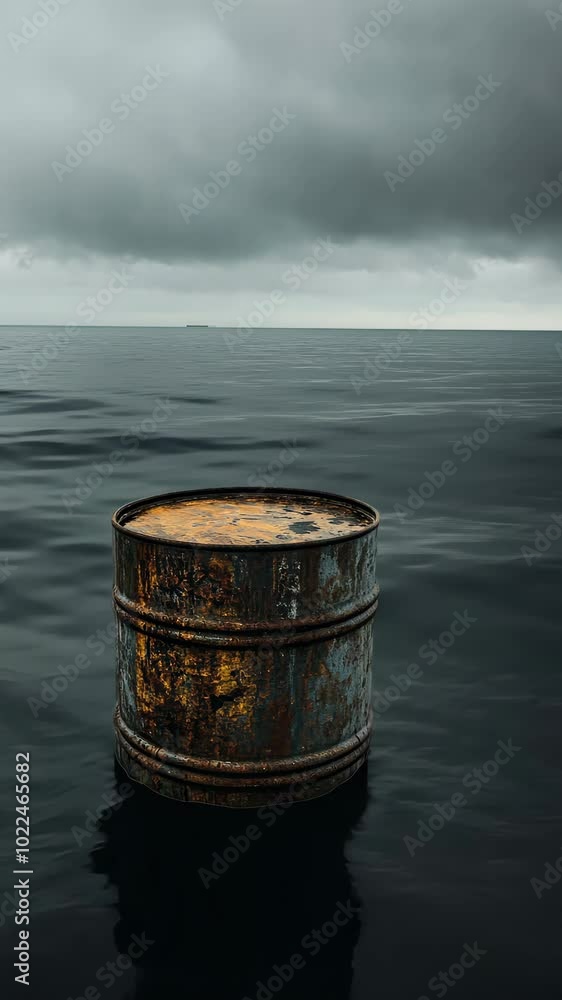 rusty barrel floating in calm sea under ominous clouds, environmental pollution concept