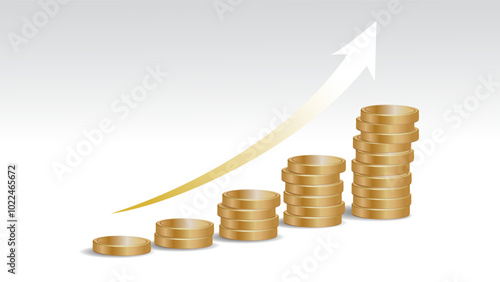 3D Golden coins stack graph with increasing shiny arrow